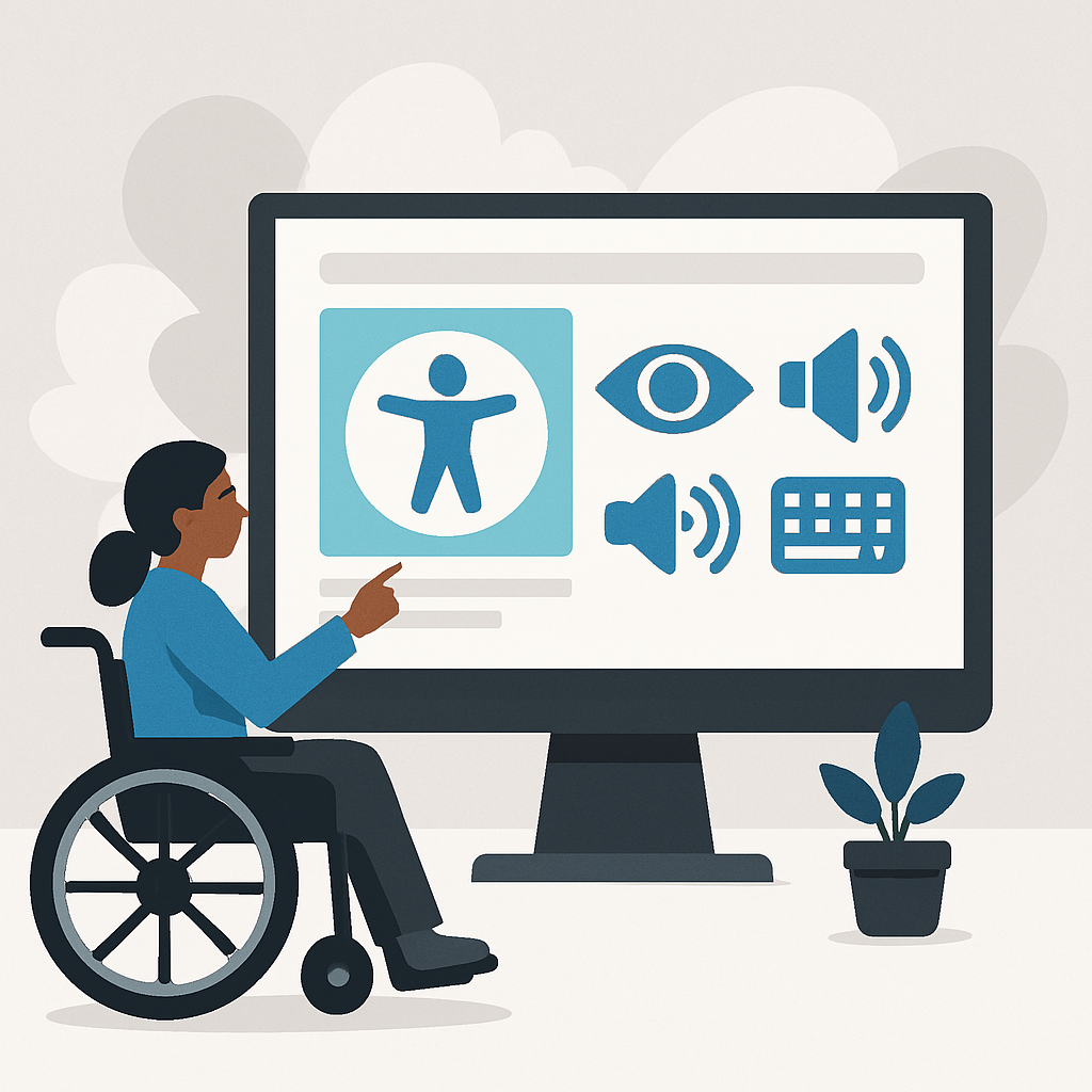 Illustratie van een persoon die werkt met digitale toegankelijkheidsfuncties op een computerscherm